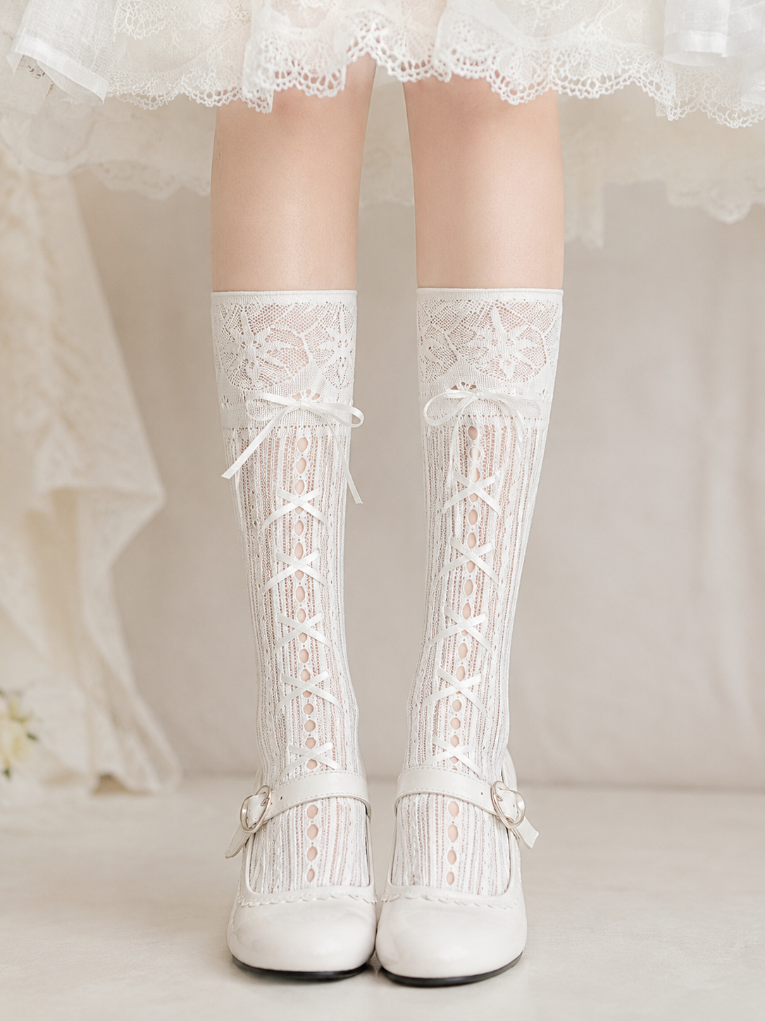 White Lace Lolita Knee High Socks | Fabric And Lace Close-Up | Aurora Lolita White Lace Lolita Knee High Socks - fabric and lace close-up for Classic / Sweet Lolita coords