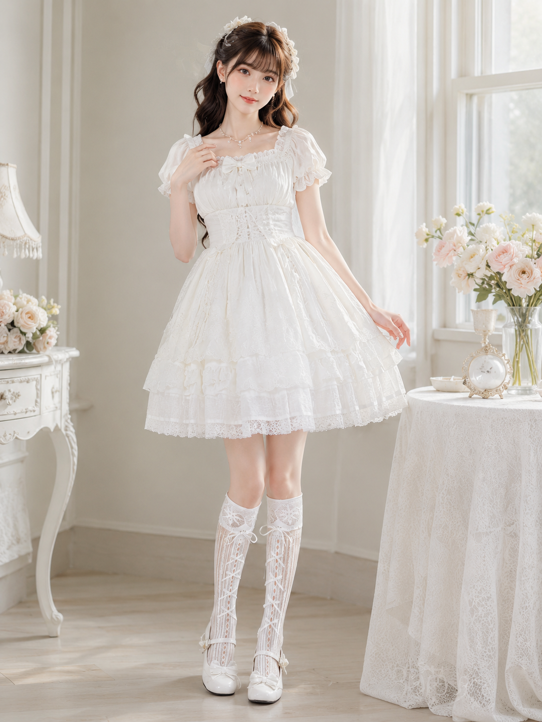 White Lace Lolita Knee High Socks | Full-Length Styling View | Aurora Lolita White Lace Lolita Knee High Socks - full-length styling view for Classic / Sweet Lolita coords