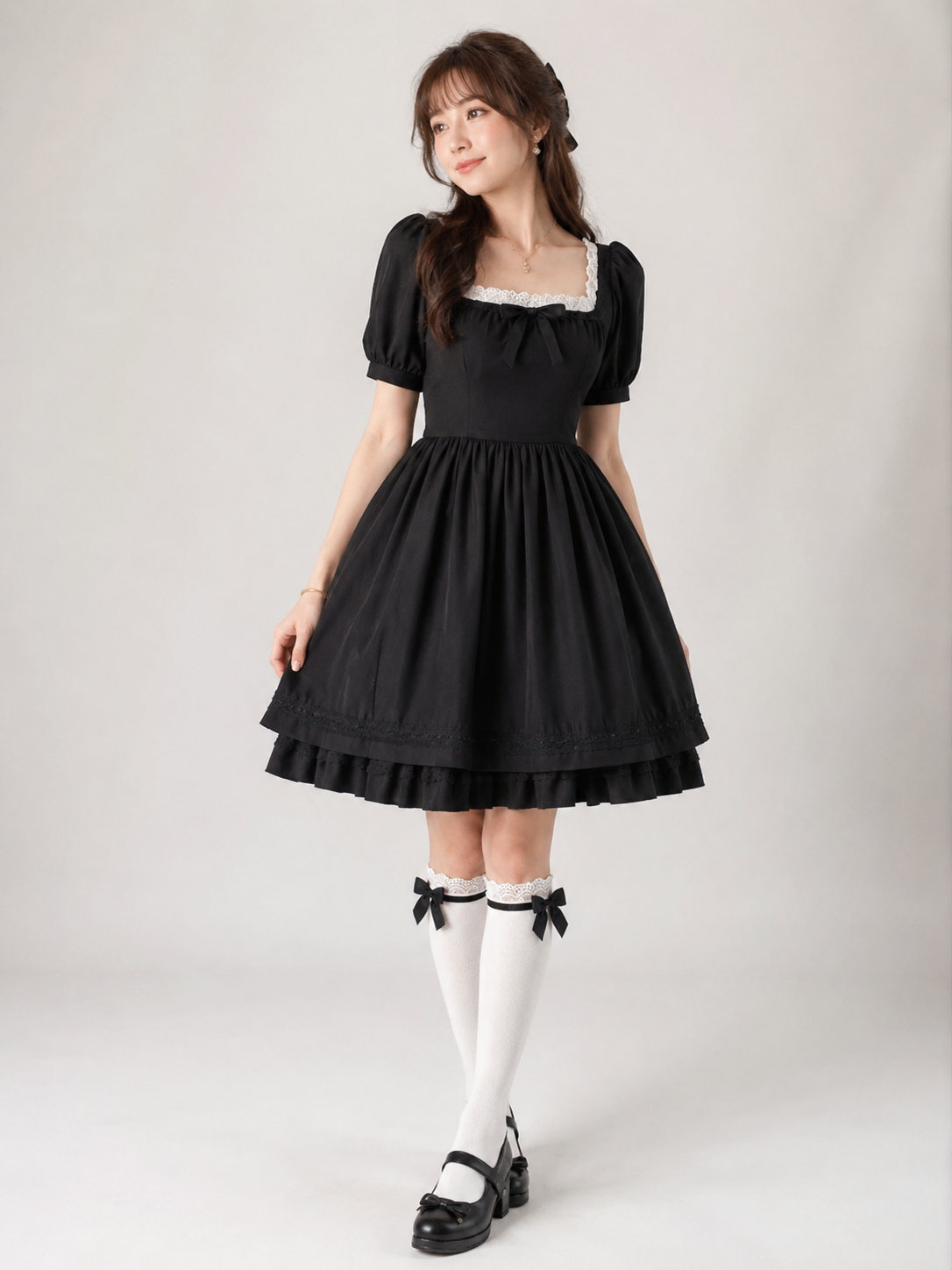 White Lolita Socks with Black Bow | Model Coord Styling View | Aurora Lolita White Lolita Socks with Black Bow - model coord styling view for Classic / Gothic Lolita coords