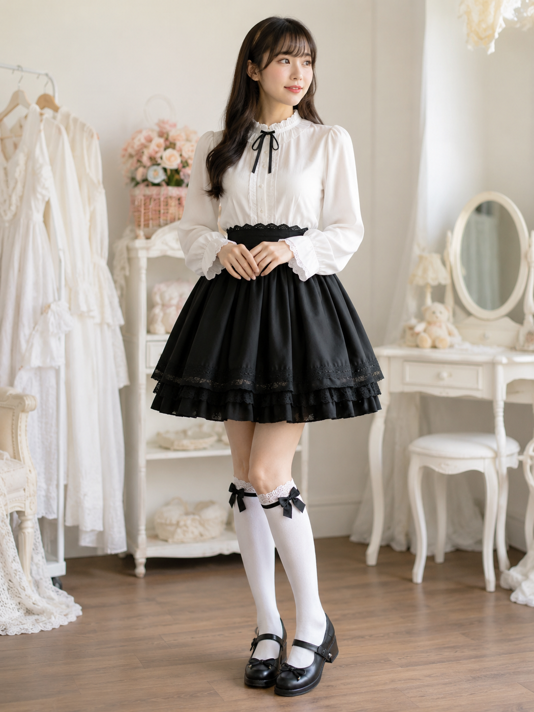 White Lolita Socks with Black Bow | Texture And Trim Detail View | Aurora Lolita White Lolita Socks with Black Bow - texture and trim detail view for Classic / Gothic Lolita coords