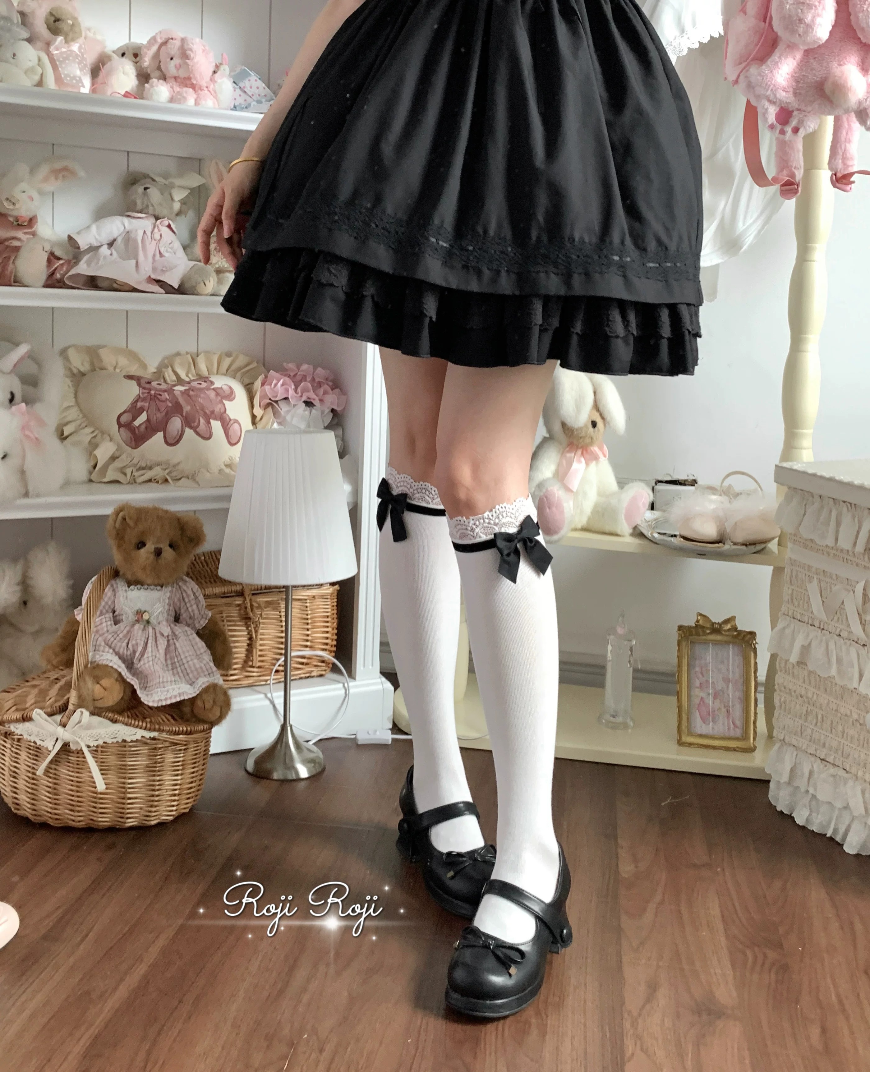 White Lolita Socks with Black Bow | Lifestyle Coord View | Aurora Lolita White Lolita Socks with Black Bow - lifestyle coord view for Classic / Gothic Lolita coords
