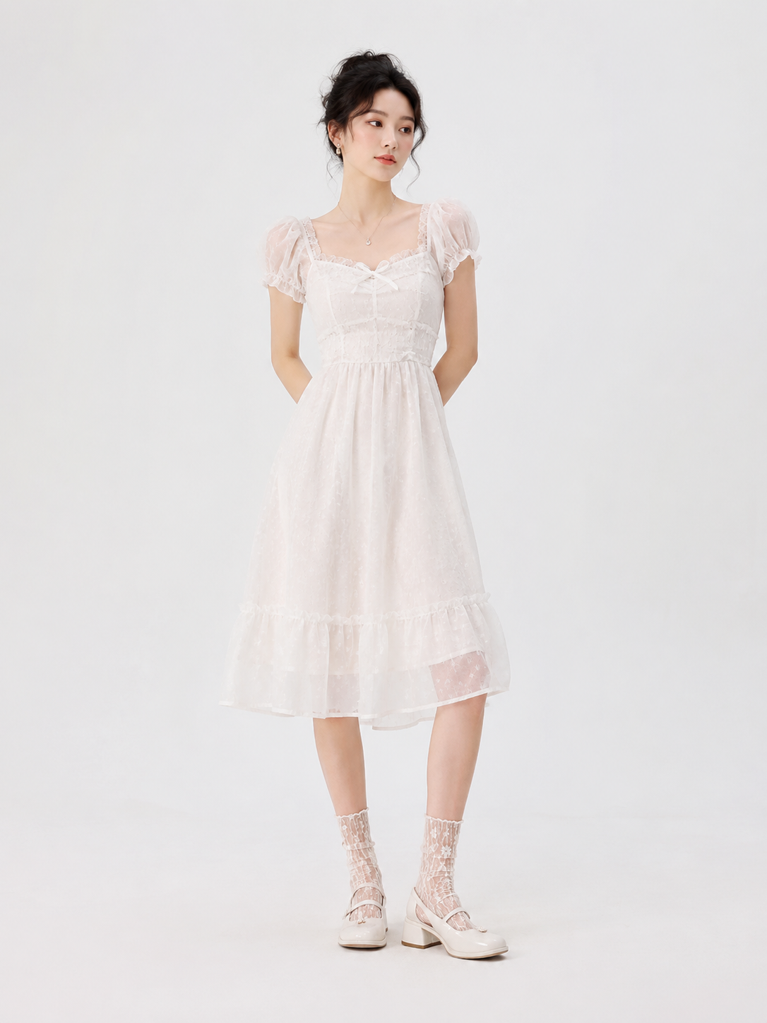 White Lace Lolita Calf Socks | Back Or Strap Detail View | Aurora Lolita White Lace Lolita Calf Socks - back or strap detail view for Classic / Sweet Lolita coords