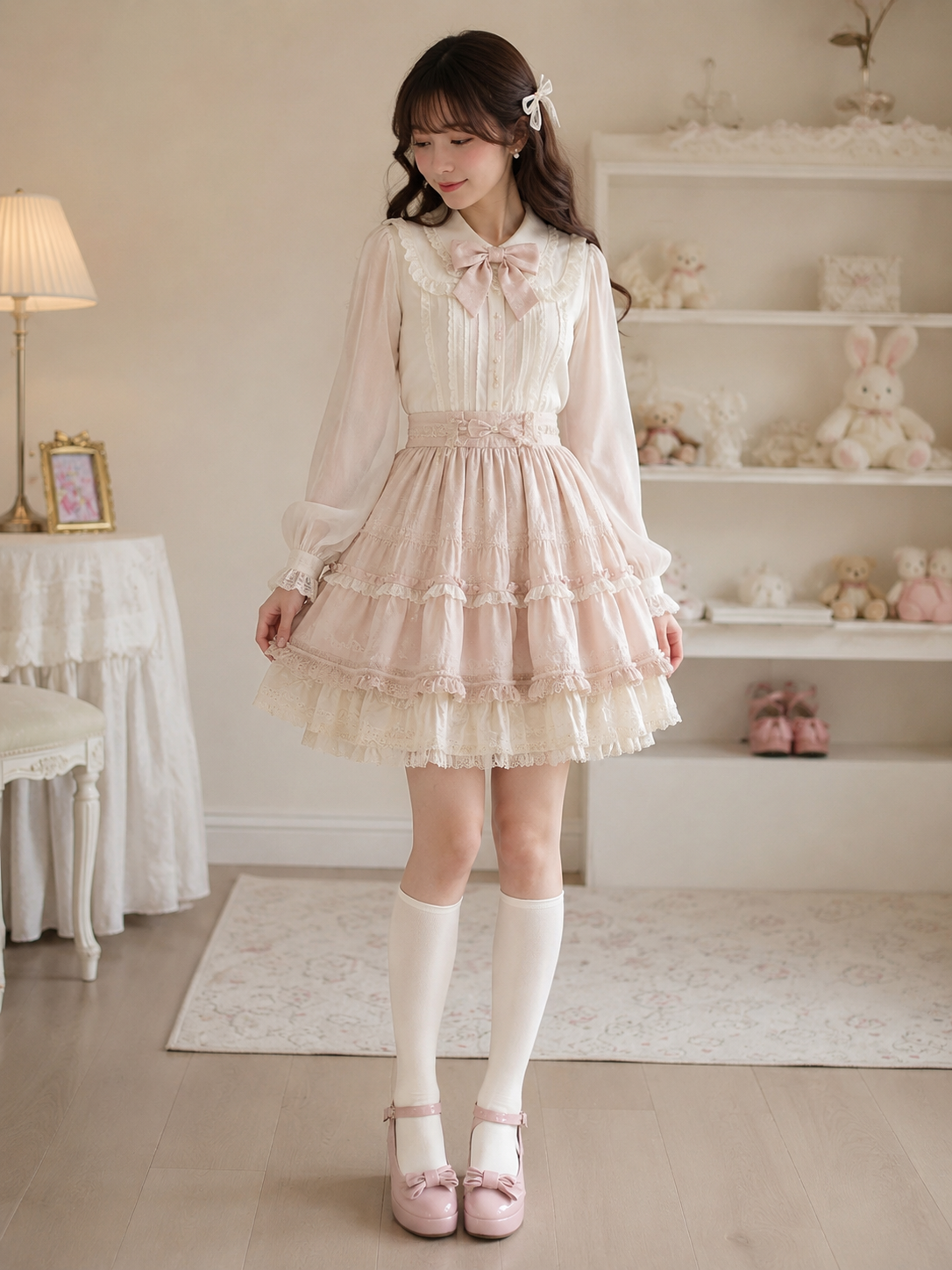 Plain White Lolita Knee High Socks | Front Styling View | Aurora Lolita Plain White Lolita Knee High Socks - front styling view for Classic / Daily Wear Lolita coords