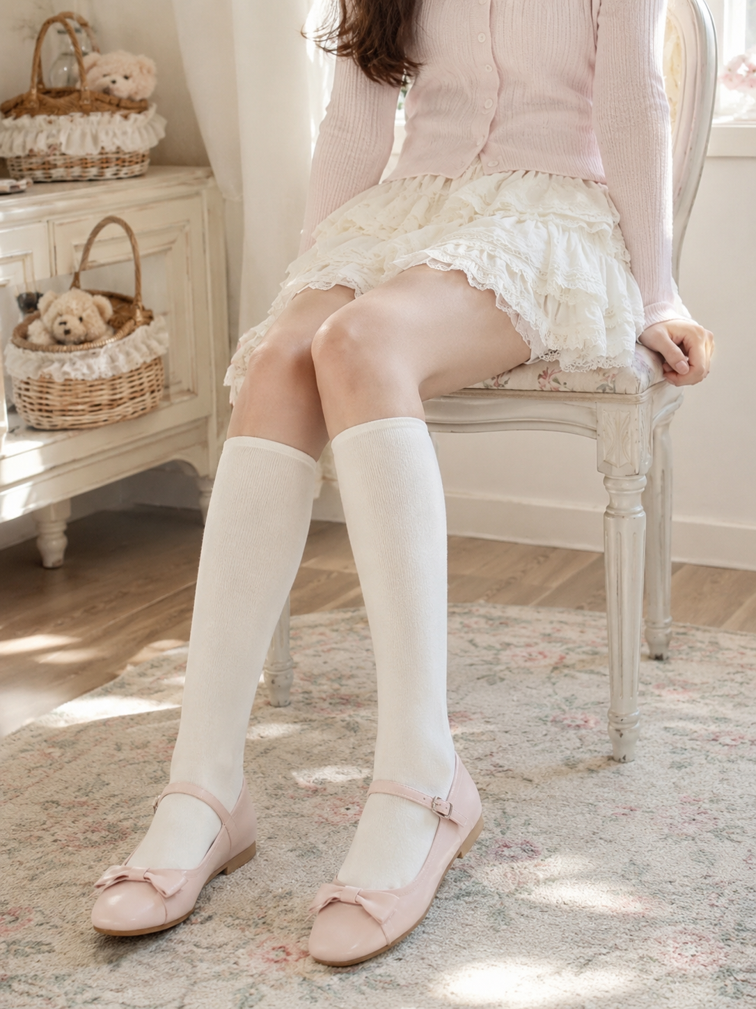 Plain White Lolita Knee High Socks | Model Coord Styling View | Aurora Lolita Plain White Lolita Knee High Socks - model coord styling view for Classic / Daily Wear Lolita coords
