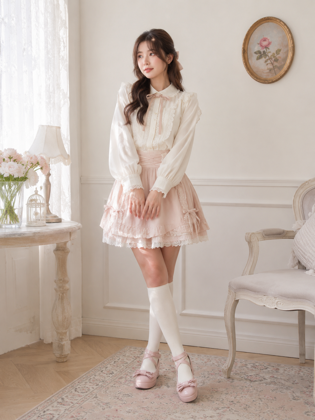 Plain White Lolita Knee High Socks | Wearing Scale View | Aurora Lolita Plain White Lolita Knee High Socks - wearing scale view for Classic / Daily Wear Lolita coords