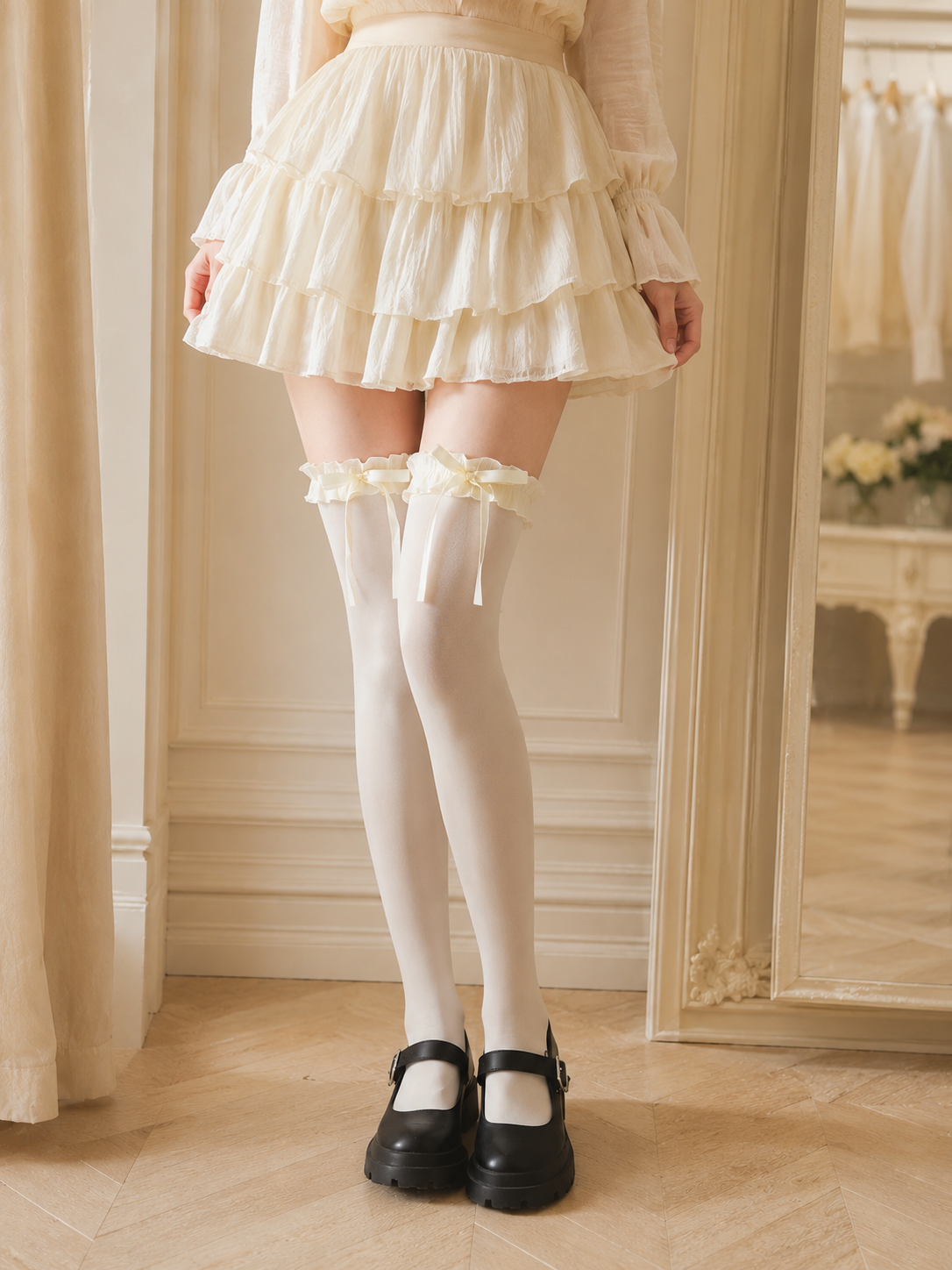 Ivory Ribbon Lolita Thigh High Socks - front styling view for Classic / Sweet Lolita coords