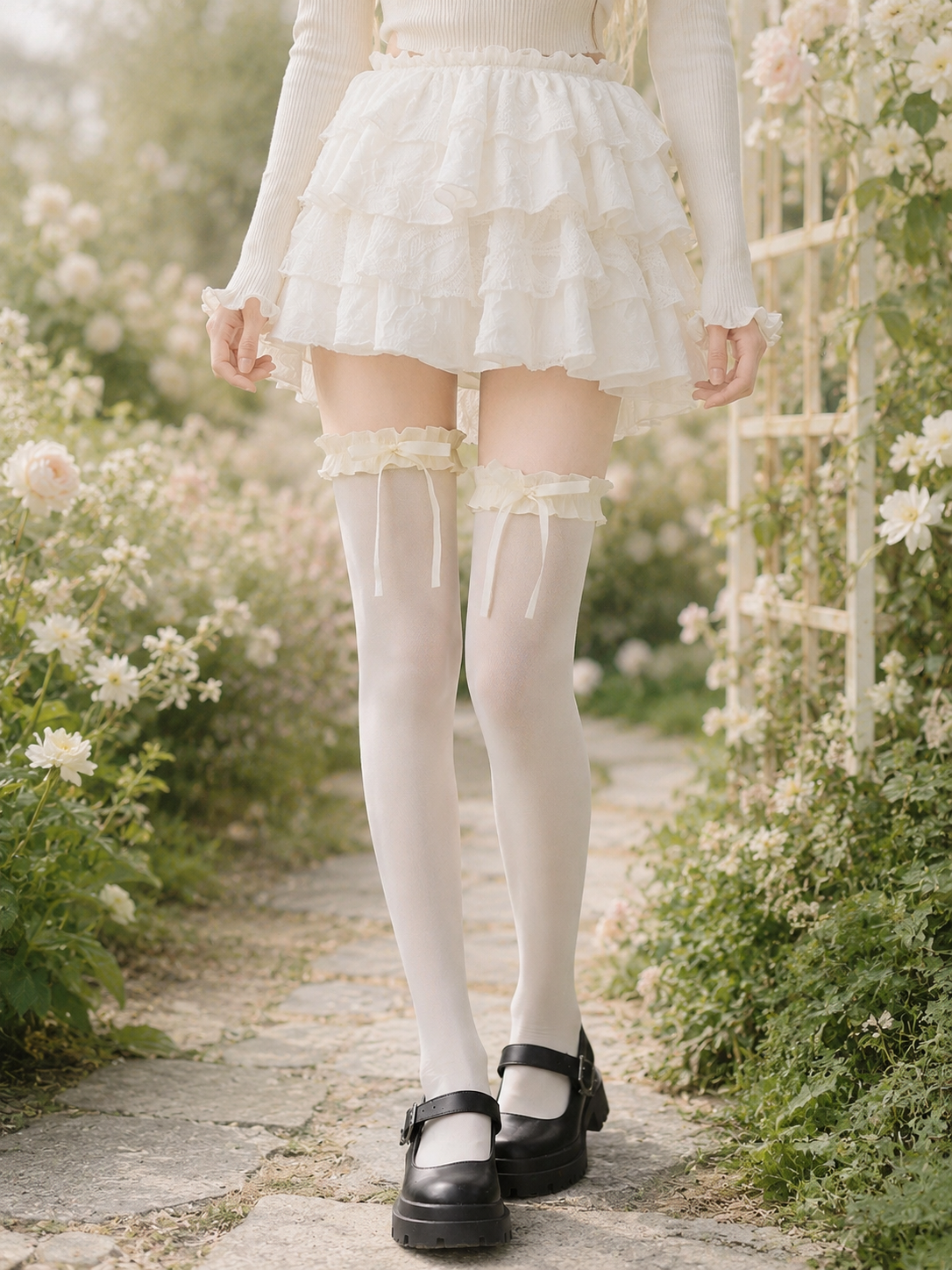 Ivory Ribbon Lolita Thigh High Socks - back or strap detail view for Classic / Sweet Lolita coords