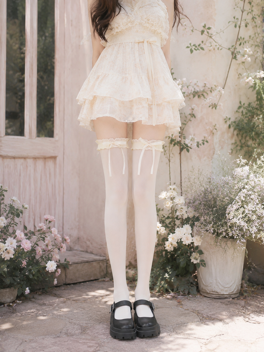 Ivory Ribbon Lolita Thigh High Socks - wearing scale view for Classic / Sweet Lolita coords