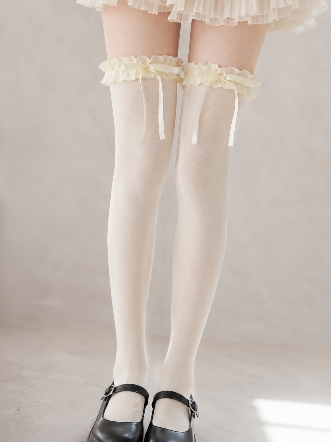 Ivory Ribbon Lolita Thigh High Socks - lifestyle coord view for Classic / Sweet Lolita coords