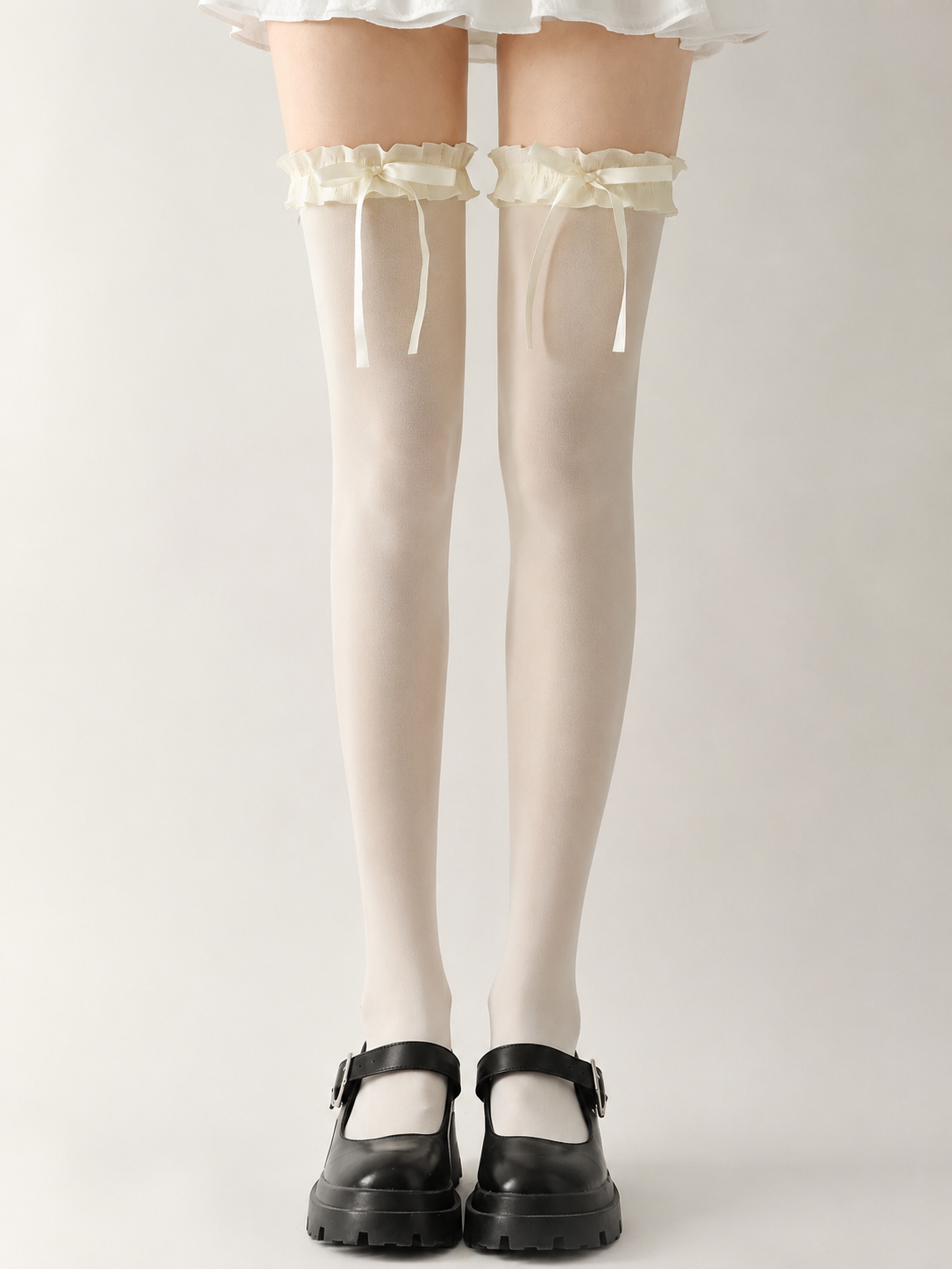 Ivory Ribbon Lolita Thigh High Socks - full-length styling view for Classic / Sweet Lolita coords