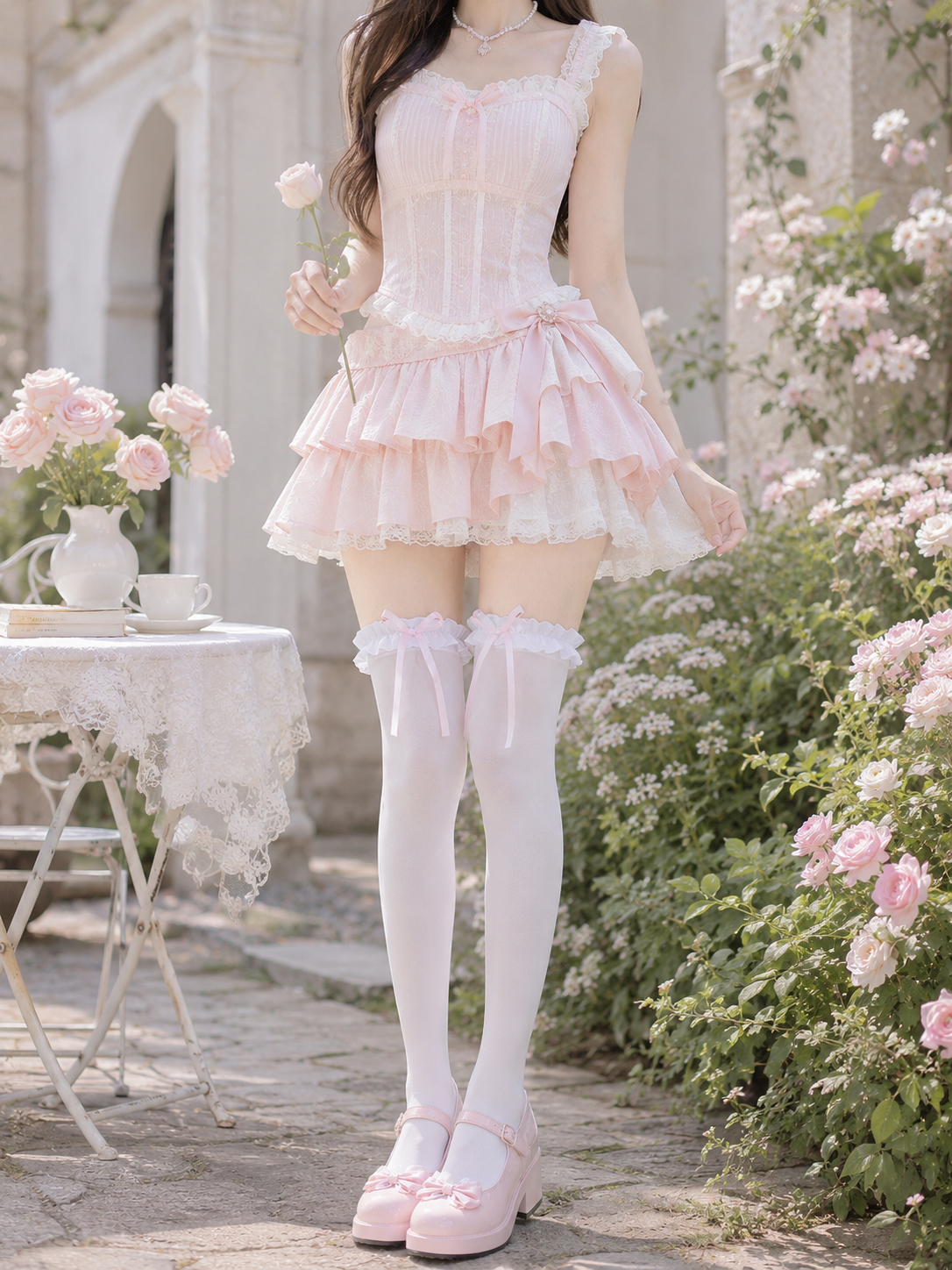 White Bow Lolita Thigh High Socks - main product view for Sweet / Hime Lolita coords