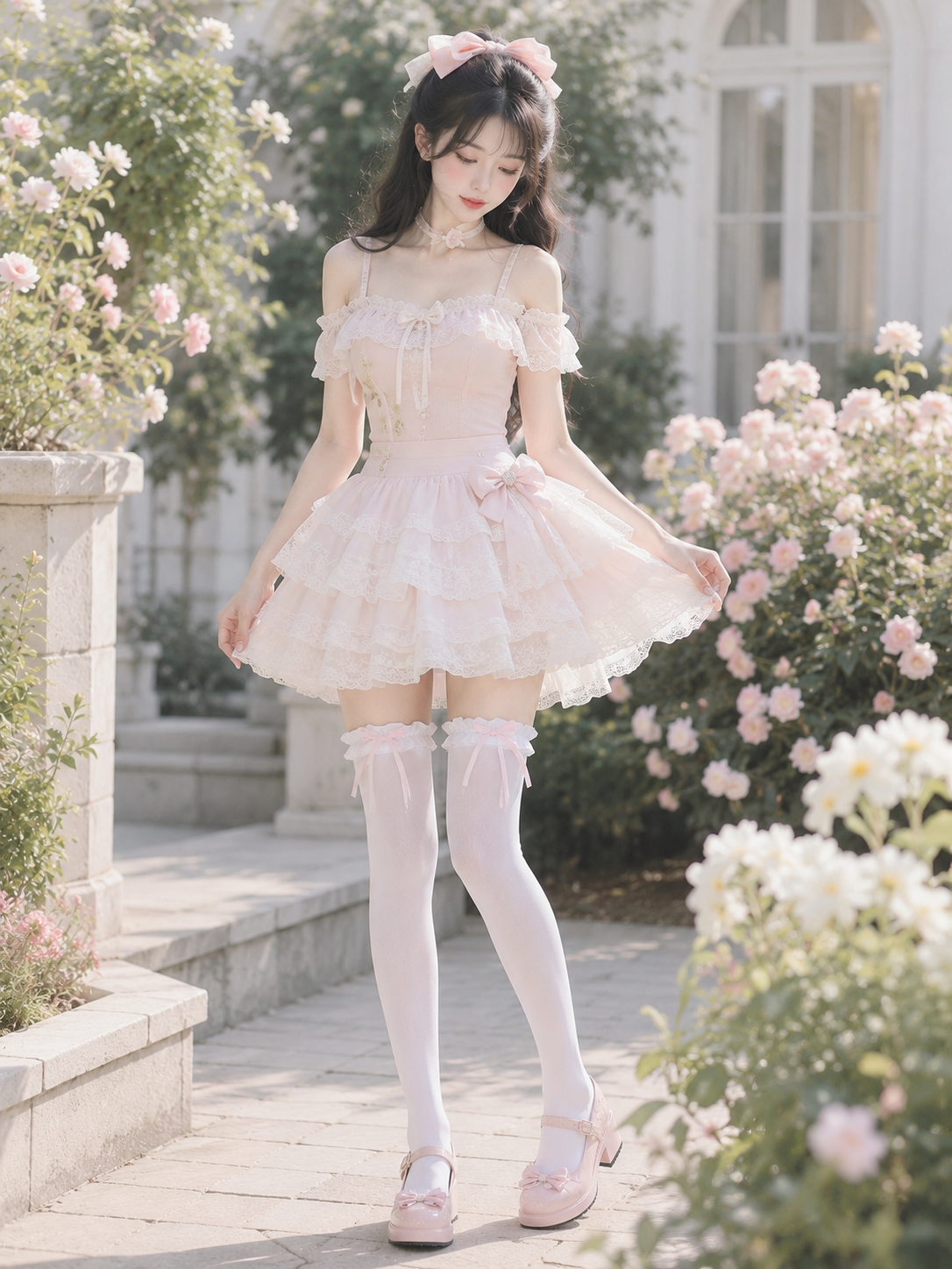 White Bow Lolita Thigh High Socks | Model Coord Styling View | Aurora Lolita White Bow Lolita Thigh High Socks - model coord styling view for Sweet / Hime Lolita coords