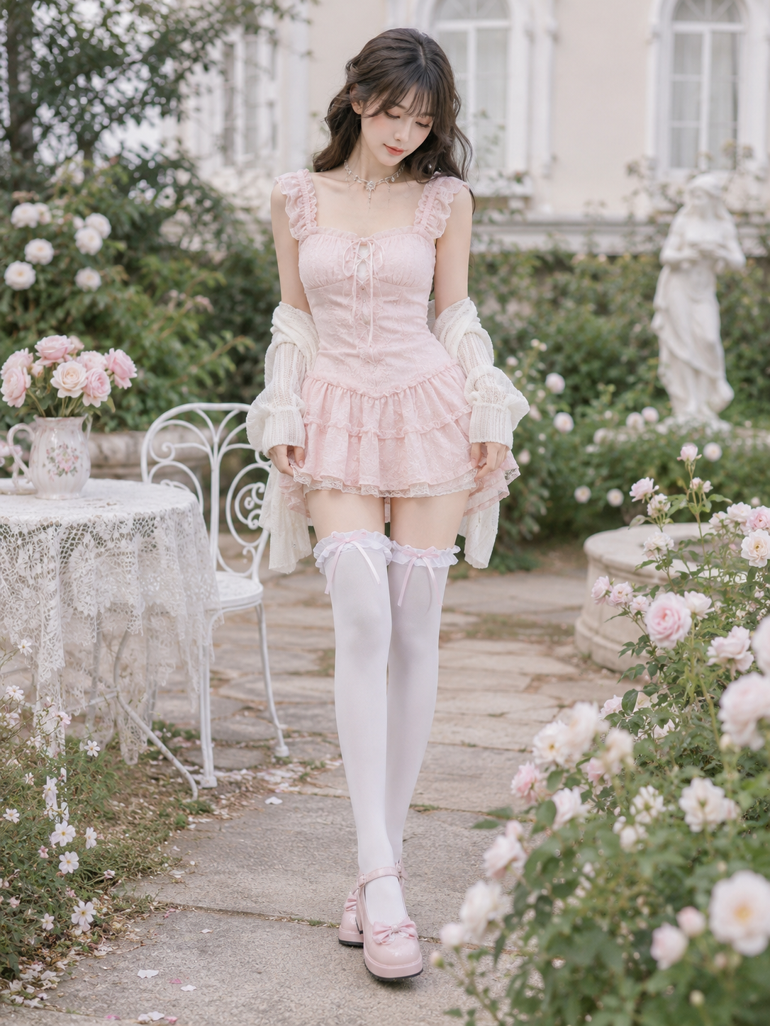 White Bow Lolita Thigh High Socks | Back Or Strap Detail View | Aurora Lolita White Bow Lolita Thigh High Socks - back or strap detail view for Sweet / Hime Lolita coords