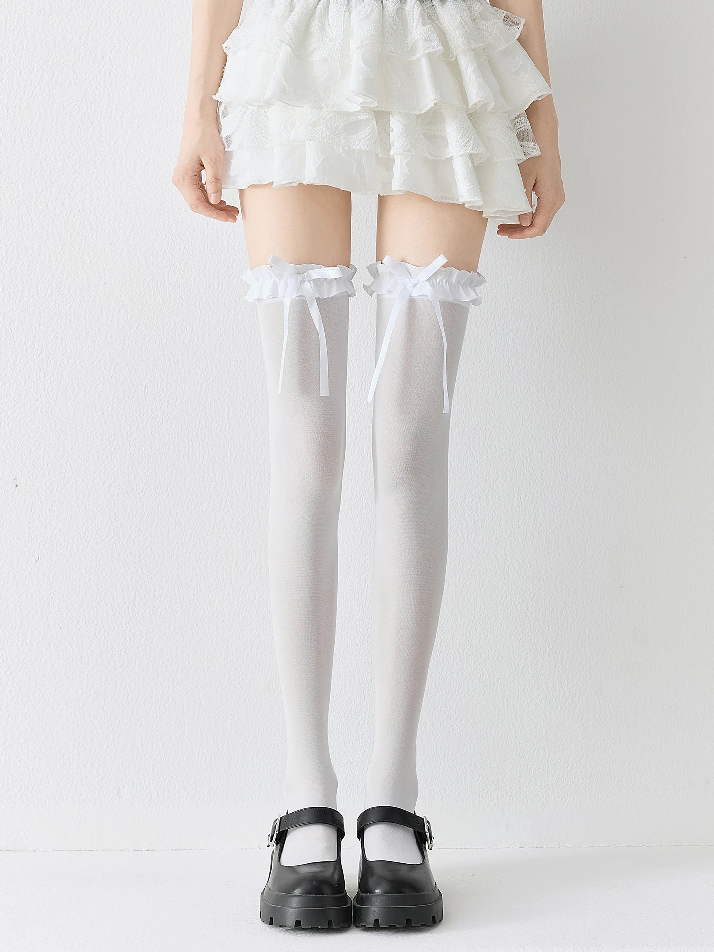 White Bow Lolita Thigh High Socks | Full-Length Styling View | Aurora Lolita White Bow Lolita Thigh High Socks - full-length styling view for Sweet / Hime Lolita coords
