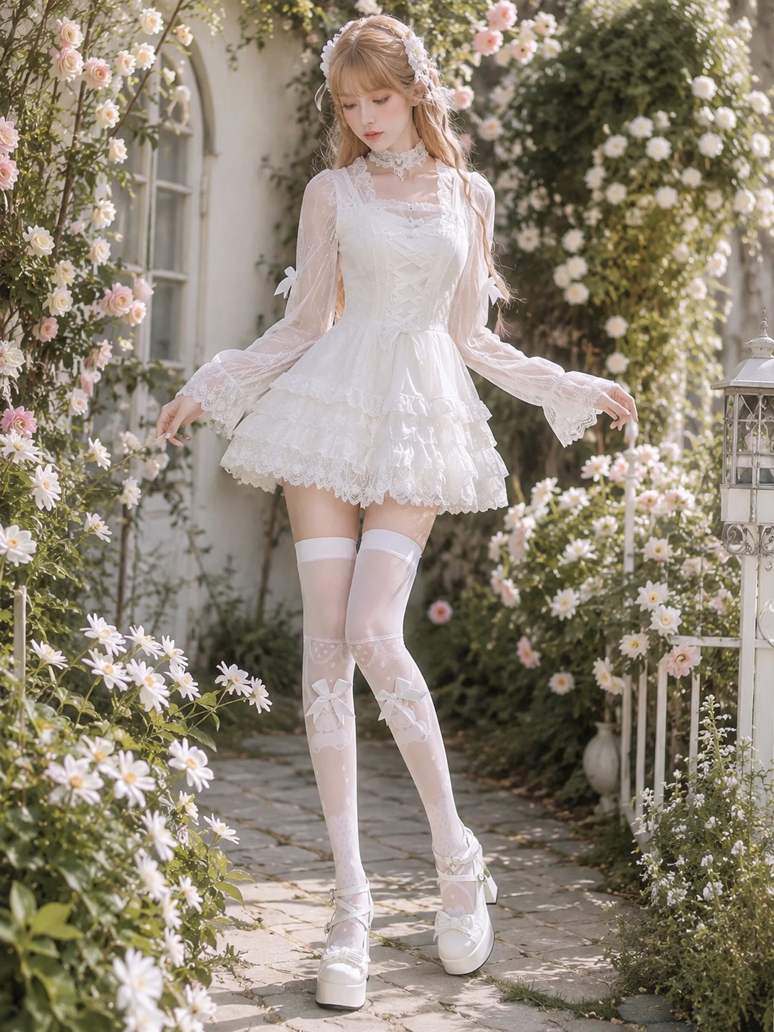 White Lace Sheer Lolita Knee Socks | Front Styling View | Aurora Lolita White Lace Sheer Lolita Knee Socks - front styling view for Classic / Sweet Lolita coords