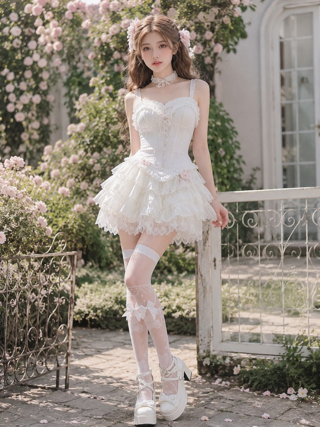 White Lace Sheer Lolita Knee Socks | Side Angle View | Aurora Lolita White Lace Sheer Lolita Knee Socks - side angle view for Classic / Sweet Lolita coords