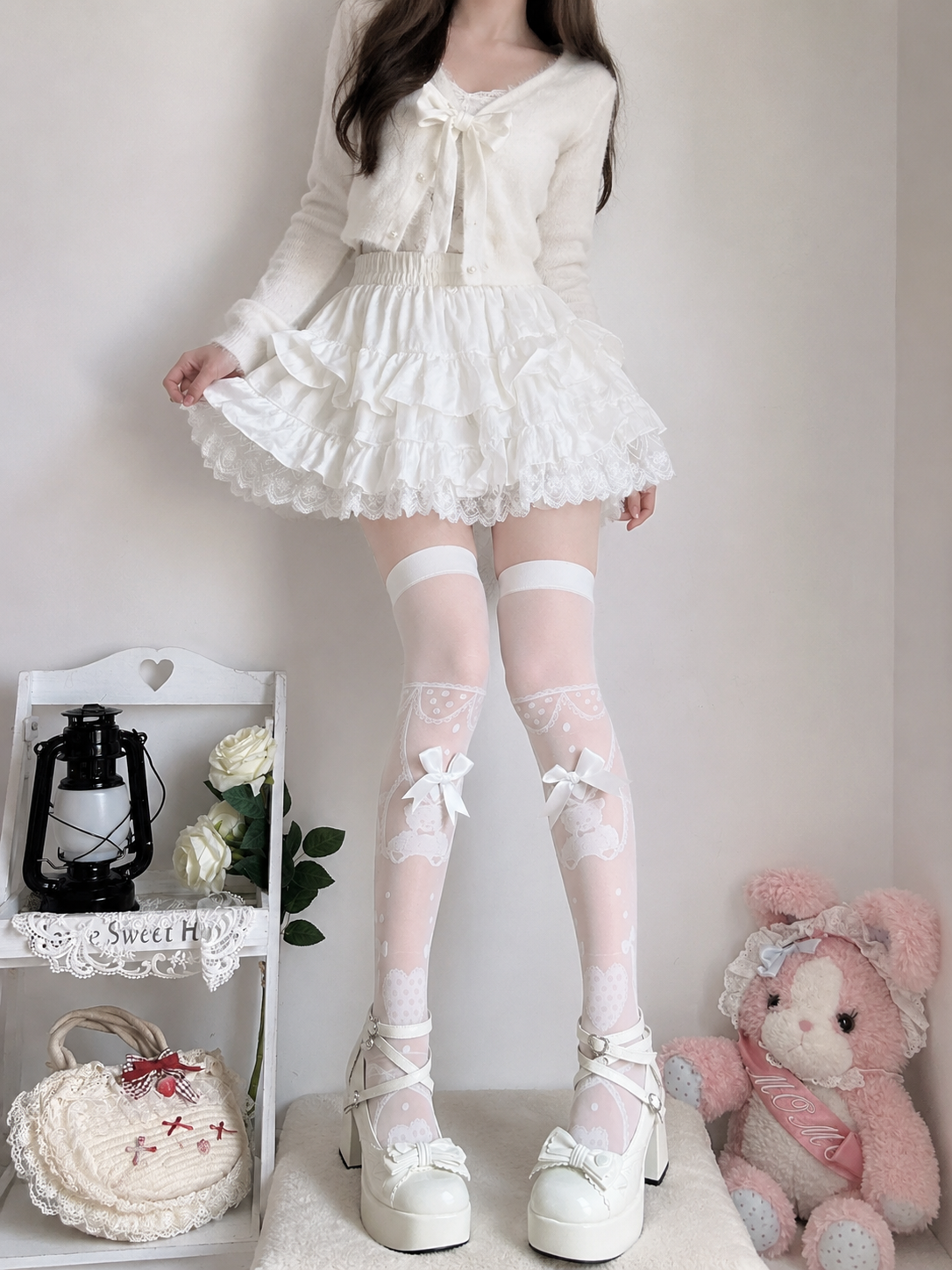 White Lace Sheer Lolita Knee Socks | Close-Up Detail View | Aurora Lolita White Lace Sheer Lolita Knee Socks - close-up detail view for Classic / Sweet Lolita coords