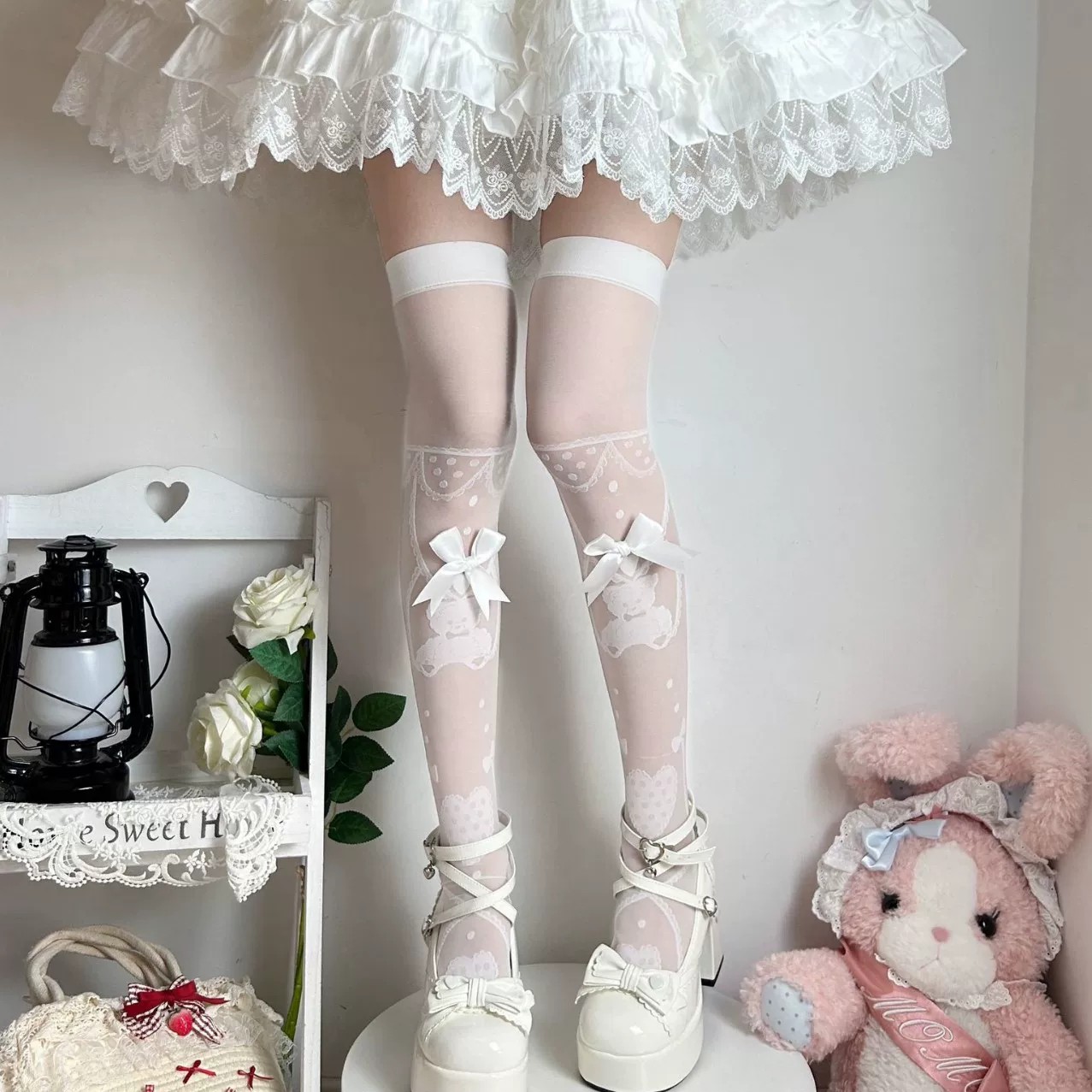 White Lace Sheer Lolita Knee Socks | Lifestyle Coord View | Aurora Lolita White Lace Sheer Lolita Knee Socks - lifestyle coord view for Classic / Sweet Lolita coords