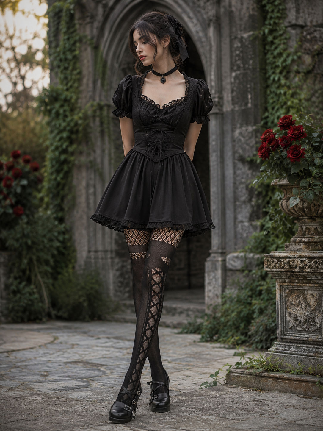 Black Gothic Patterned Lolita Tights | Front Styling View | Aurora Lolita Black Gothic Patterned Lolita Tights - front styling view for Gothic Lolita coords