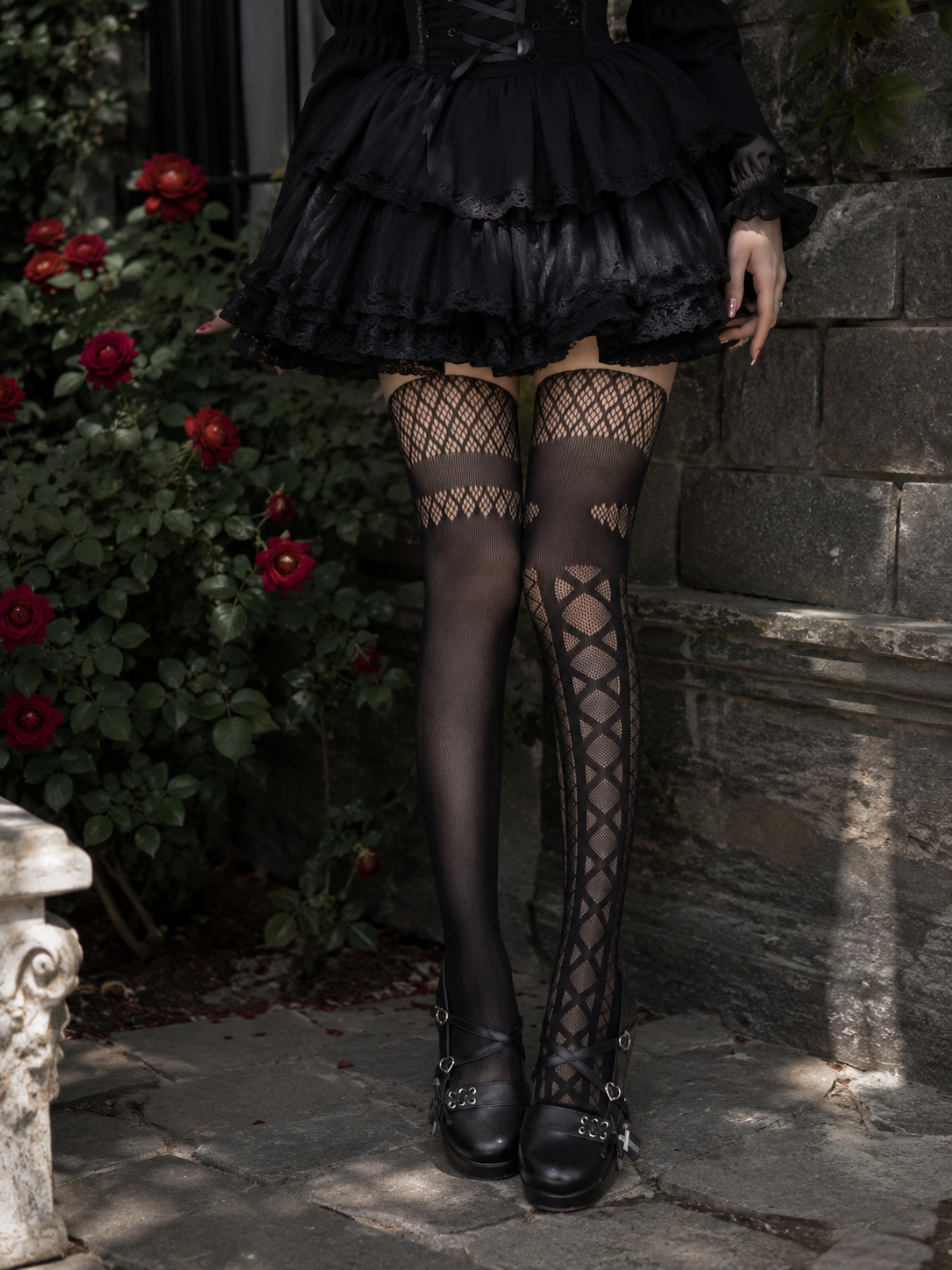 Black Gothic Patterned Lolita Tights | Back Or Strap Detail View | Aurora Lolita Black Gothic Patterned Lolita Tights - back or strap detail view for Gothic Lolita coords