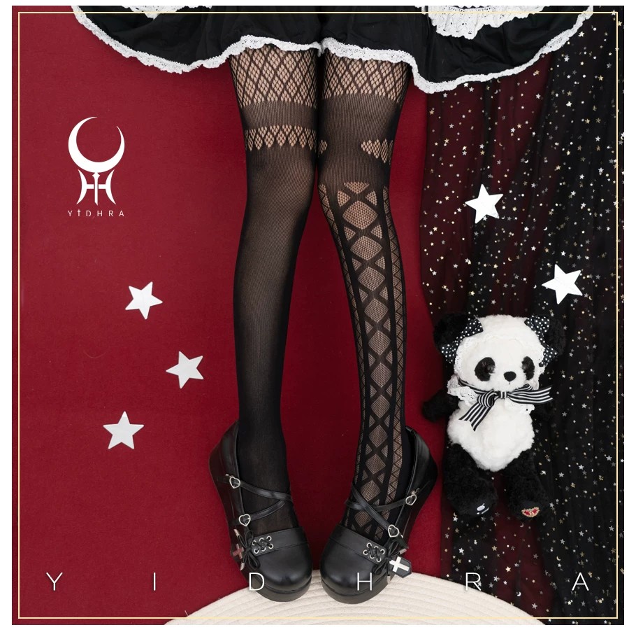 Black Gothic Patterned Lolita Tights | Lifestyle Coord View | Aurora Lolita Black Gothic Patterned Lolita Tights - lifestyle coord view for Gothic Lolita coords