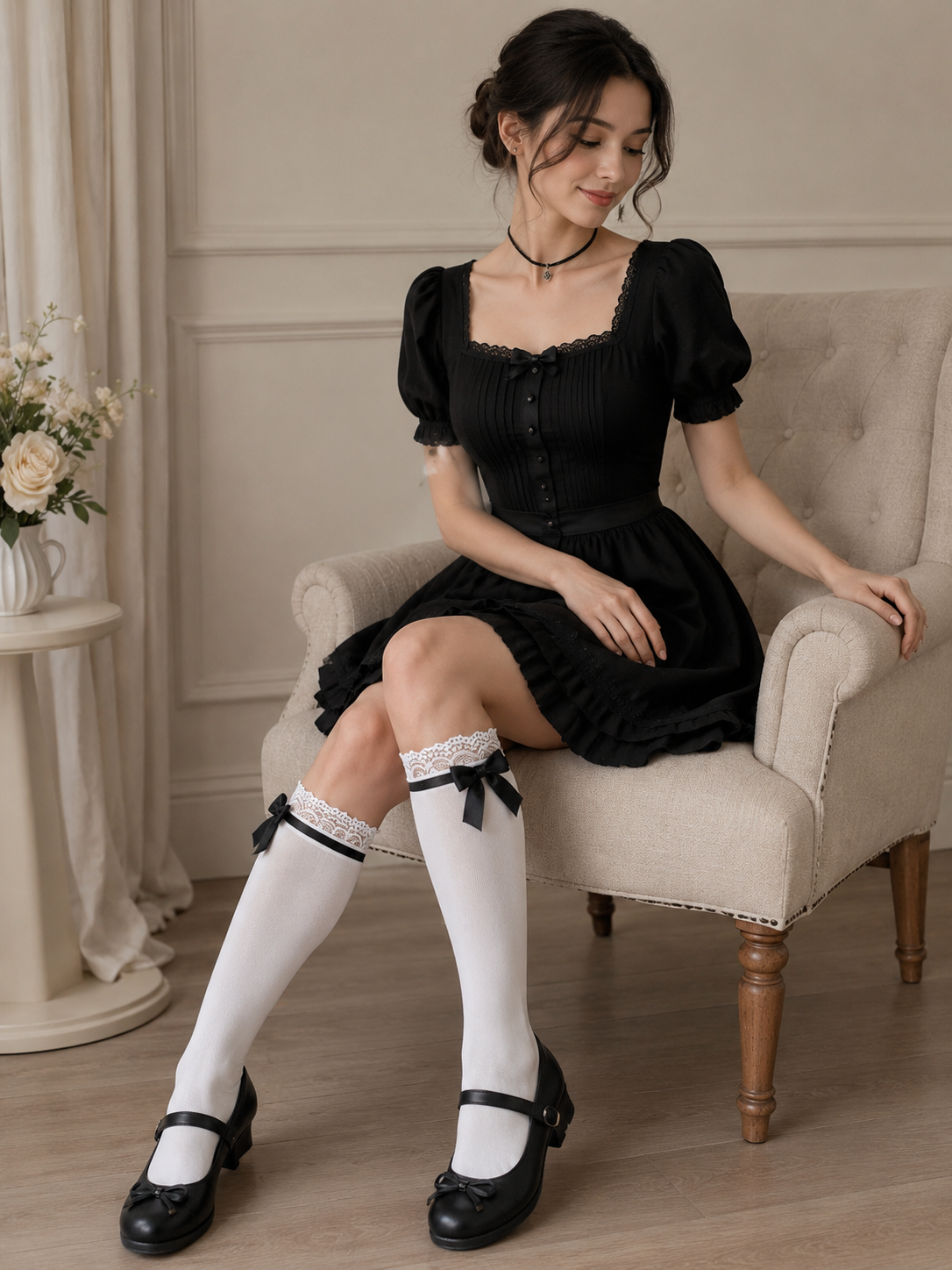 White Knee Socks with Black Bow - main product view for Classic / Gothic Lolita coords