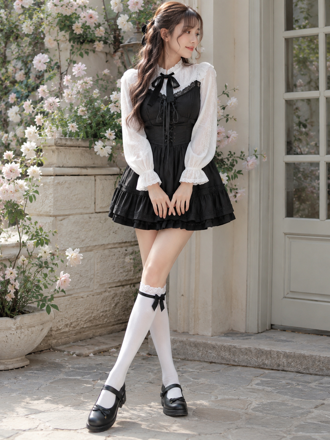 White Knee Socks with Black Bow | Model Coord Styling View | Aurora Lolita White Knee Socks with Black Bow - model coord styling view for Classic / Gothic Lolita coords