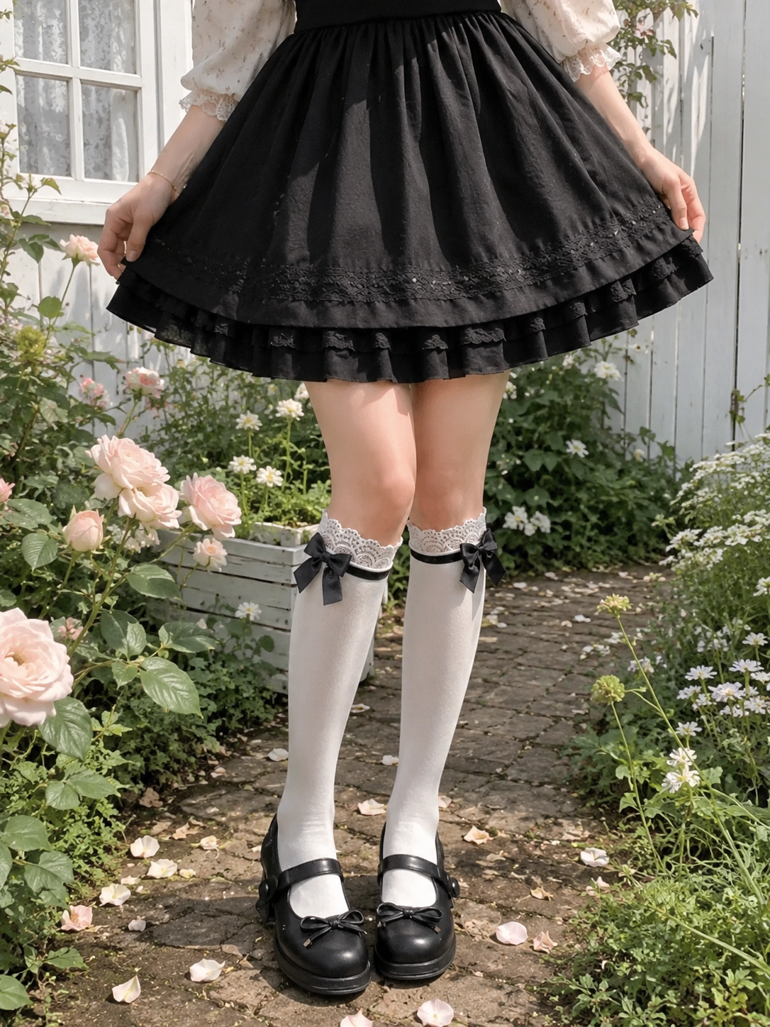 White Knee Socks with Black Bow | Back Or Strap Detail View | Aurora Lolita White Knee Socks with Black Bow - back or strap detail view for Classic / Gothic Lolita coords