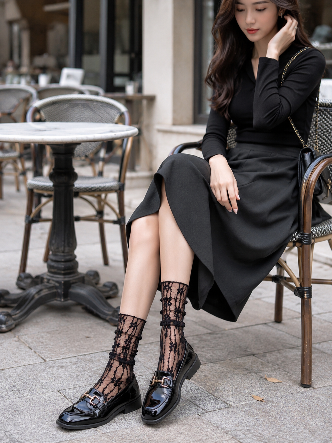 Brown Lace Lolita Ankle Socks - texture and trim detail view for Classic / Mori Lolita coords