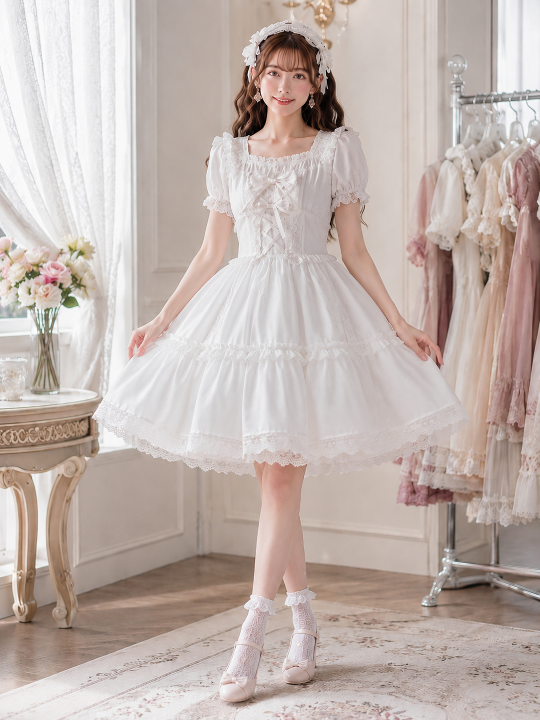 Lolita Petticoat Underskirt for Bell Silhouette - front styling view for Essential / Classic Lolita coords