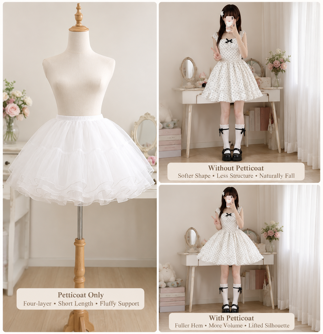 Lolita Petticoat Underskirt for Bell Silhouette - side angle view for Essential / Classic Lolita coords