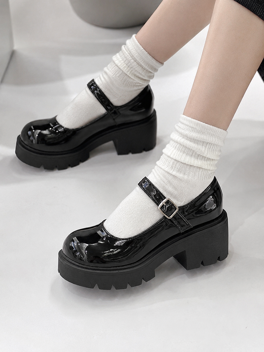 Black Patent Mary Jane Lolita Heels | Back Or Strap Detail View | Aurora Lolita Black Patent Mary Jane Lolita Heels - back or strap detail view for Classic / Sweet Lolita coords