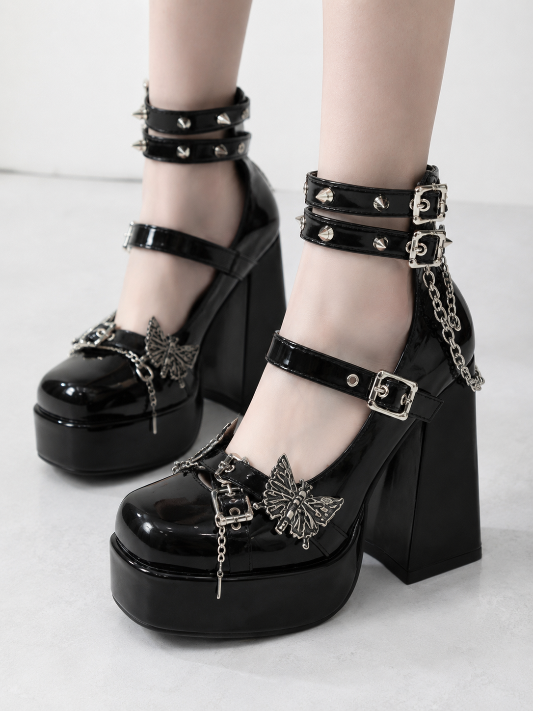 Black Gothic Butterfly Platform Lolita Heels | Back Or Strap Detail View | Aurora Lolita Black Gothic Butterfly Platform Lolita Heels - back or strap detail view for Gothic / Punk Lolita coords