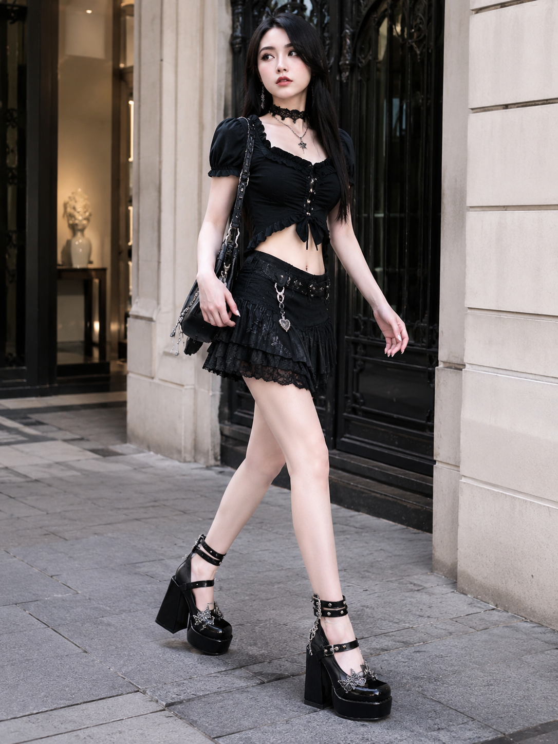 Black Gothic Butterfly Platform Lolita Heels | Texture And Trim Detail View | Aurora Lolita Black Gothic Butterfly Platform Lolita Heels - texture and trim detail view for Gothic / Punk Lolita coords