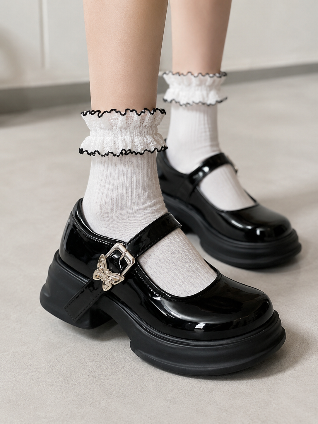 Black Round Toe JK Mary Jane Shoes | Front Styling View | Aurora Lolita Black Round Toe JK Mary Jane Shoes - front styling view for Classic / Daily Wear Lolita coords