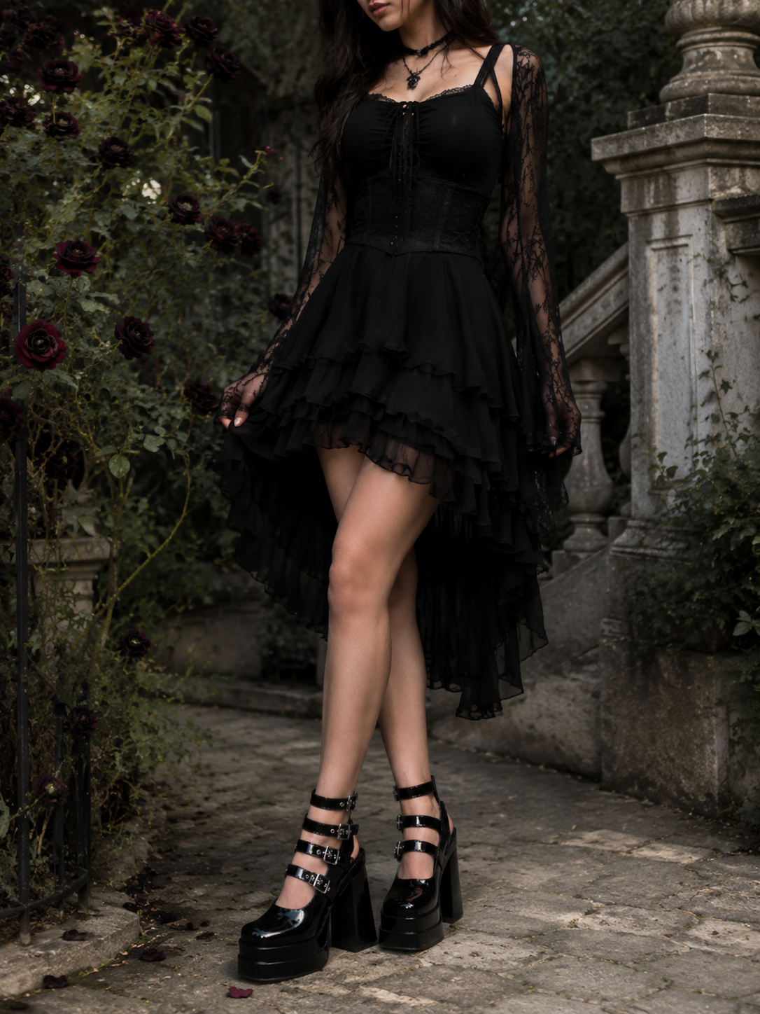 Black Multi Buckle Platform Mary Jane Lolita Heels | Texture And Trim Detail View | Aurora Lolita Black Multi Buckle Platform Mary Jane Lolita Heels - texture and trim detail view for Gothic / Punk Lolita coords