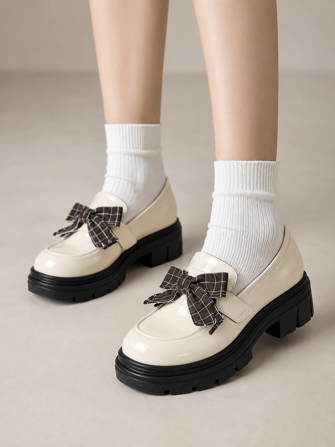 White Bow Platform Mary Jane Lolita Loafers | Side Angle View | Aurora Lolita White Bow Platform Mary Jane Lolita Loafers - side angle view for Sweet / Classic Lolita coords