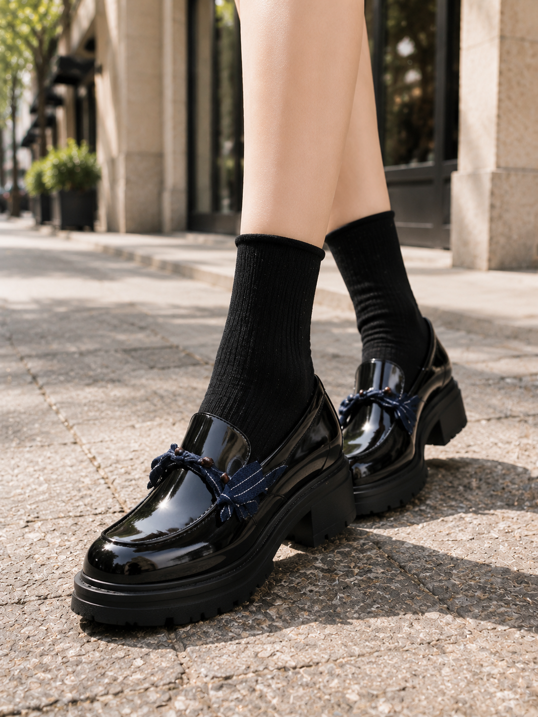 Black Bow Platform Mary Jane Lolita Loafers | Back Or Strap Detail View | Aurora Lolita Black Bow Platform Mary Jane Lolita Loafers - back or strap detail view for Gothic / Classic Lolita coords