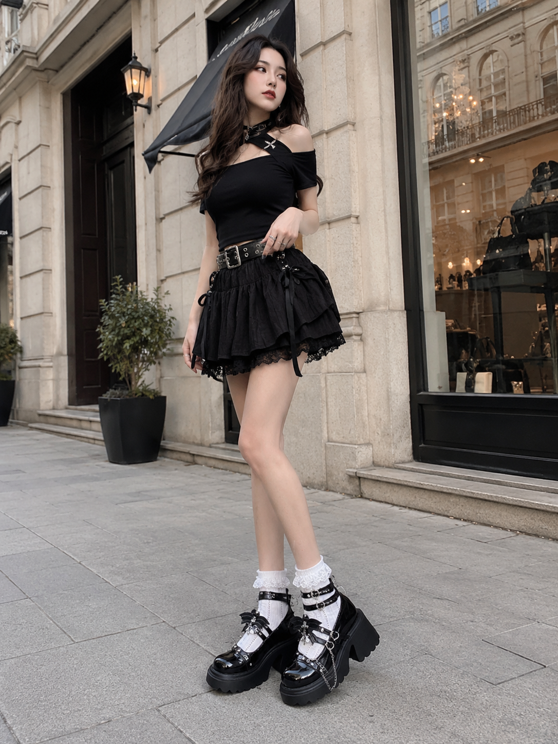 Rock Punk Platform Mary Jane Lolita Shoes - front styling view for Punk / Gothic Lolita coords