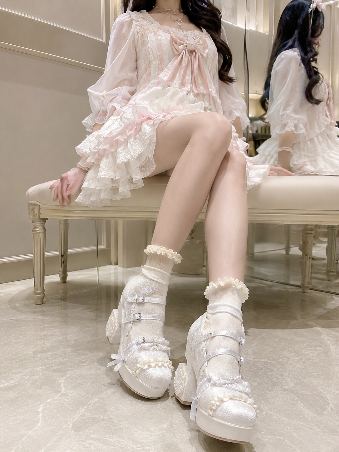 White Lace Princess 9cm Chunky Heel Lolita Shoes | Front Styling View | Aurora Lolita White Lace Princess 9cm Chunky Heel Lolita Shoes - front styling view for Hime / Sweet Lolita coords