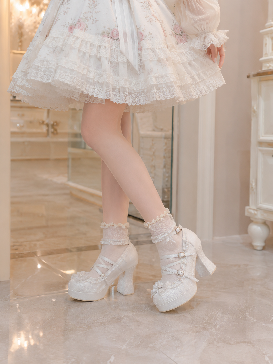 White Lace Princess 9cm Chunky Heel Lolita Shoes | Side Angle View | Aurora Lolita White Lace Princess 9cm Chunky Heel Lolita Shoes - side angle view for Hime / Sweet Lolita coords