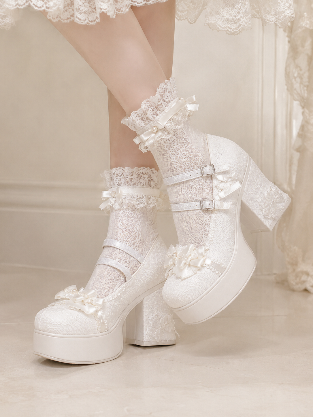 White Lace Princess 9cm Chunky Heel Lolita Shoes | Close-Up Detail View | Aurora Lolita White Lace Princess 9cm Chunky Heel Lolita Shoes - close-up detail view for Hime / Sweet Lolita coords