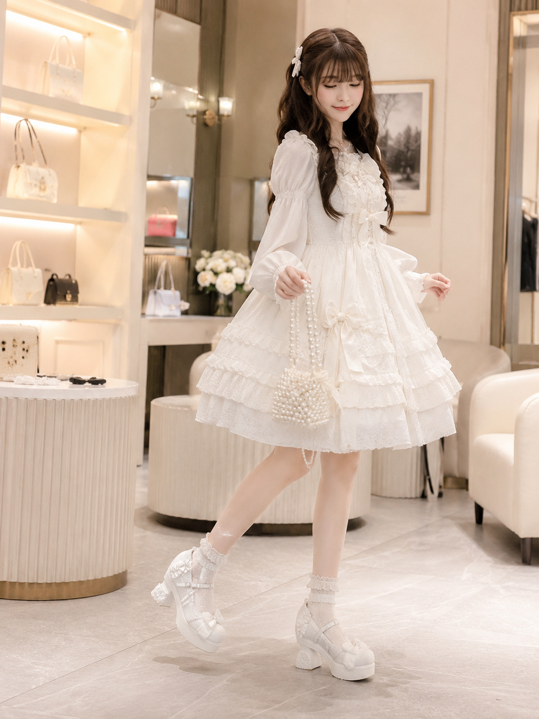 White Lace Princess 9cm Chunky Heel Lolita Shoes | Texture And Trim Detail View | Aurora Lolita White Lace Princess 9cm Chunky Heel Lolita Shoes - texture and trim detail view for Hime / Sweet Lolita coords