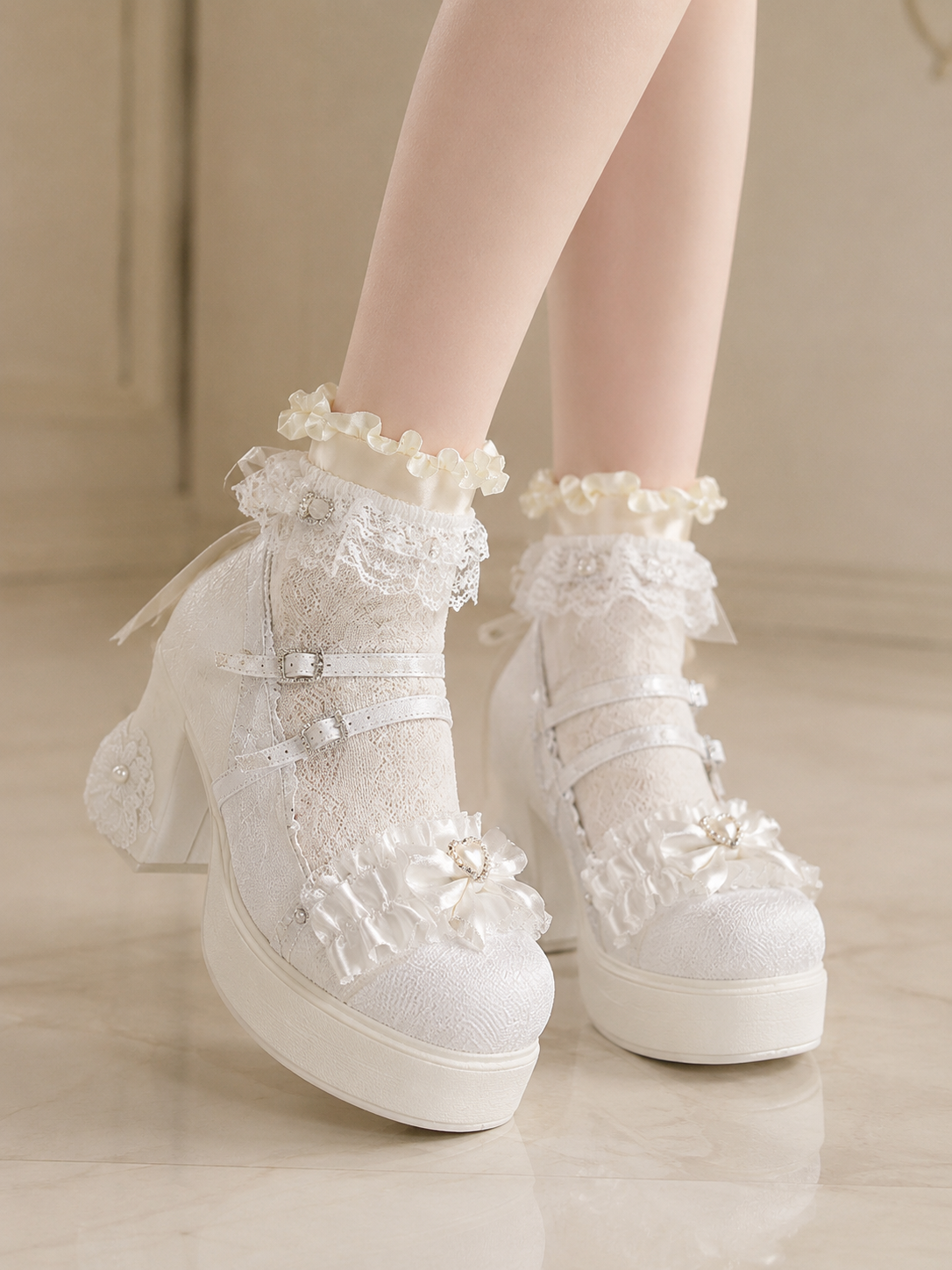 White Lace Princess 9cm Chunky Heel Lolita Shoes | Wearing Scale View | Aurora Lolita White Lace Princess 9cm Chunky Heel Lolita Shoes - wearing scale view for Hime / Sweet Lolita coords
