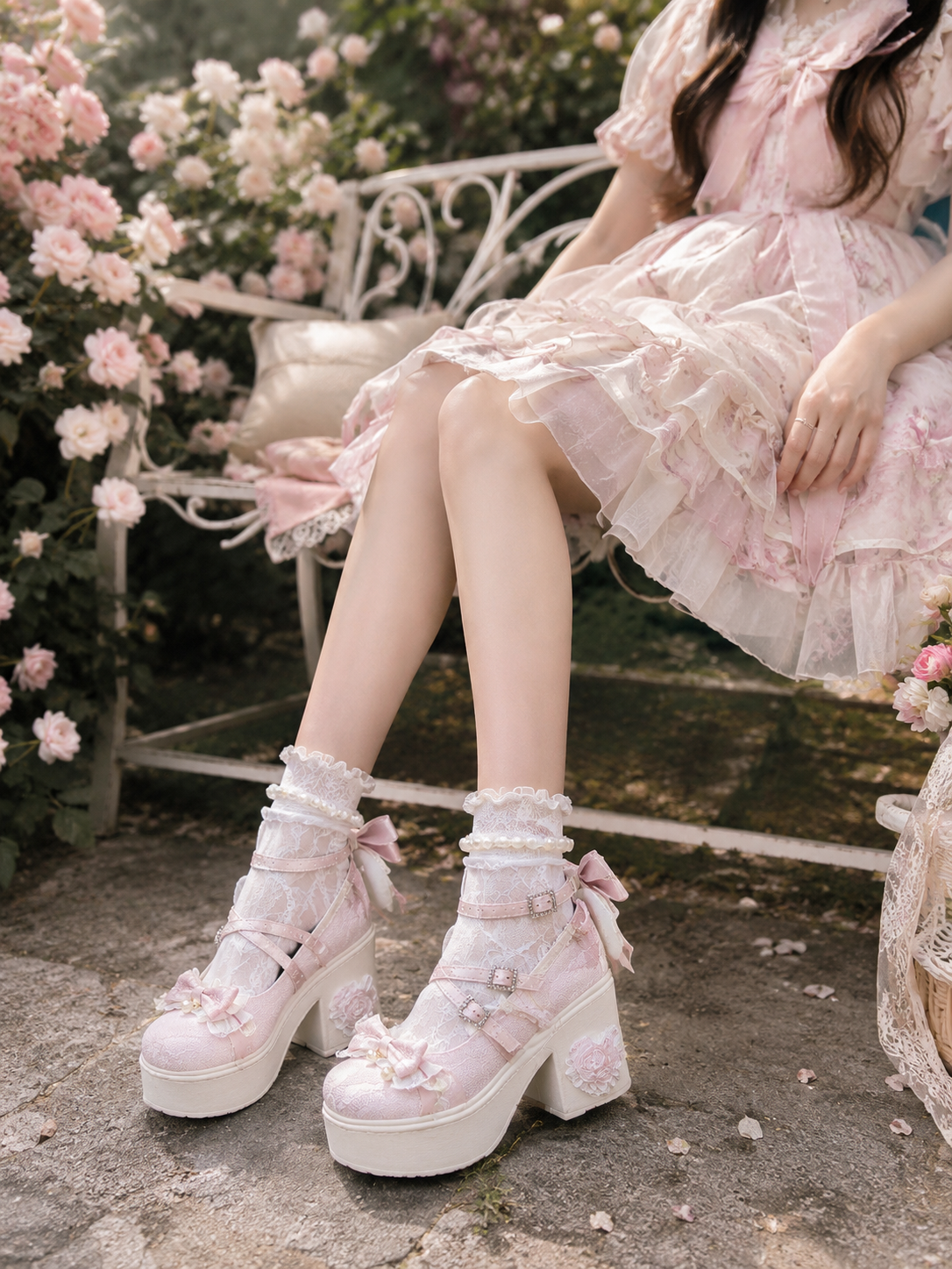 Pink Lace Princess 9cm Chunky Heel Lolita Shoes | Front Styling View | Aurora Lolita Pink Lace Princess 9cm Chunky Heel Lolita Shoes - front styling view for Sweet / Hime Lolita coords