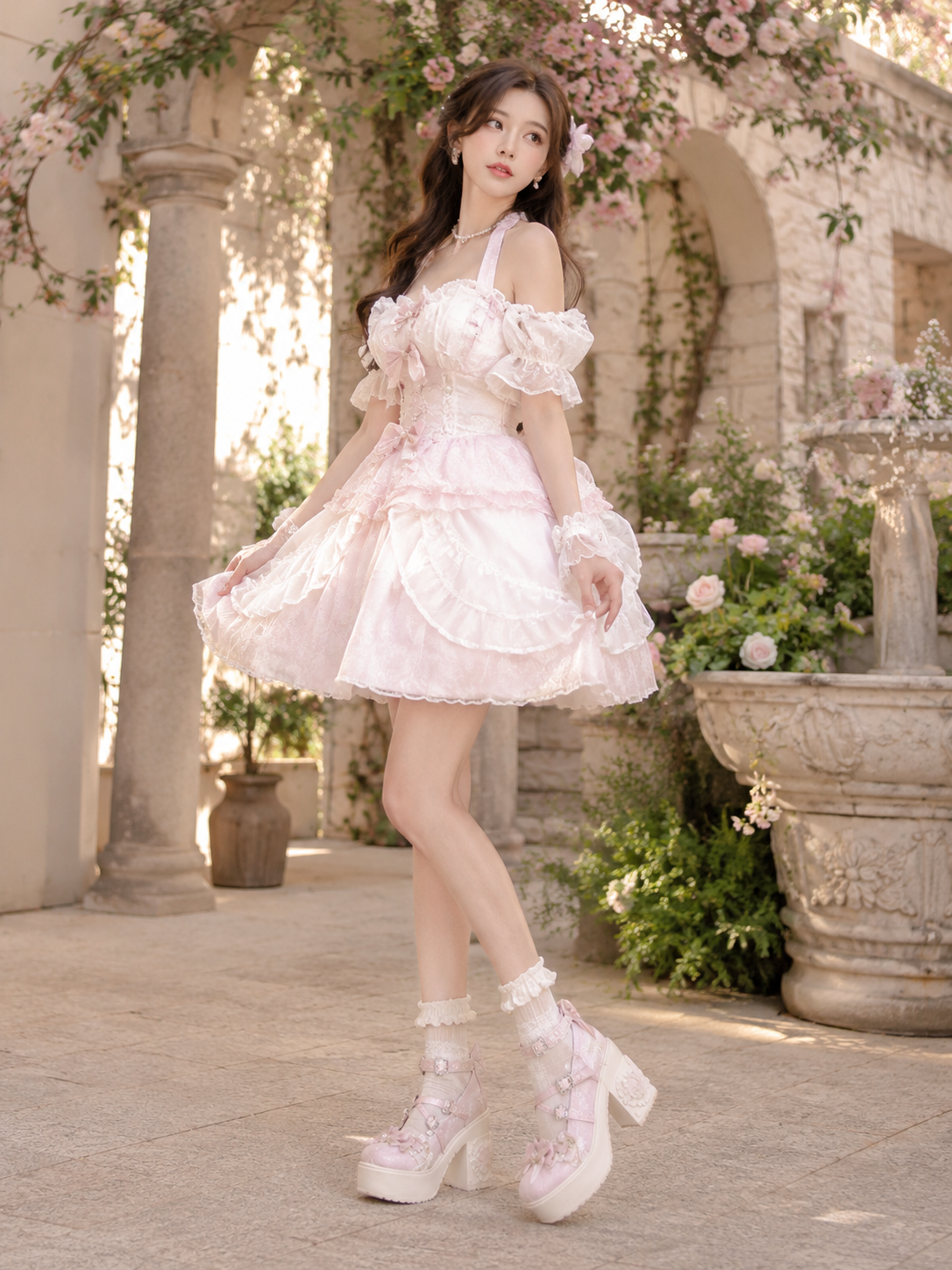 Pink Lace Princess 9cm Chunky Heel Lolita Shoes | Side Angle View | Aurora Lolita Pink Lace Princess 9cm Chunky Heel Lolita Shoes - side angle view for Sweet / Hime Lolita coords