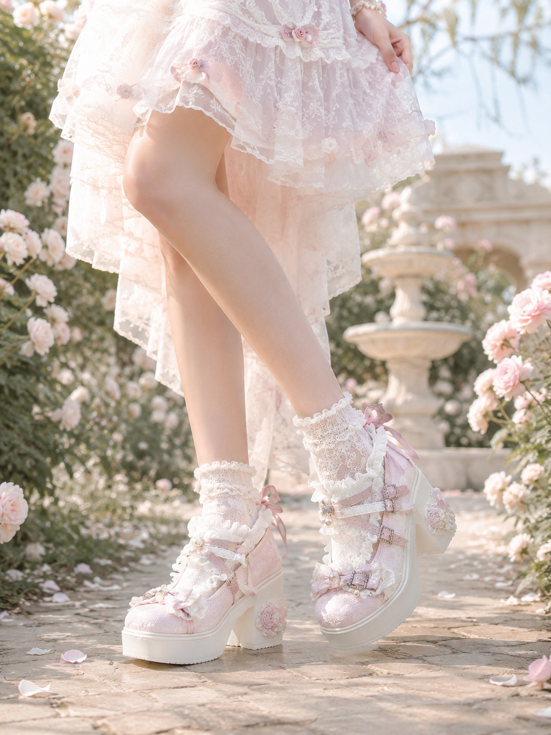 Pink Lace Princess 9cm Chunky Heel Lolita Shoes | Back Or Strap Detail View | Aurora Lolita Pink Lace Princess 9cm Chunky Heel Lolita Shoes - back or strap detail view for Sweet / Hime Lolita coords