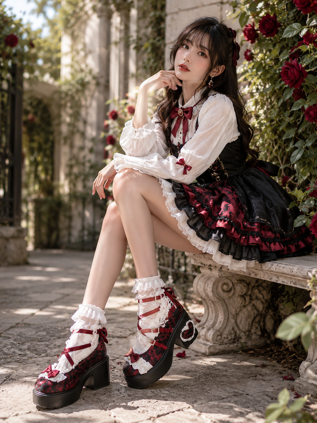 Red Lace Princess 9cm Chunky Heel Lolita Shoes - main product view for Classic / Hime Lolita coords