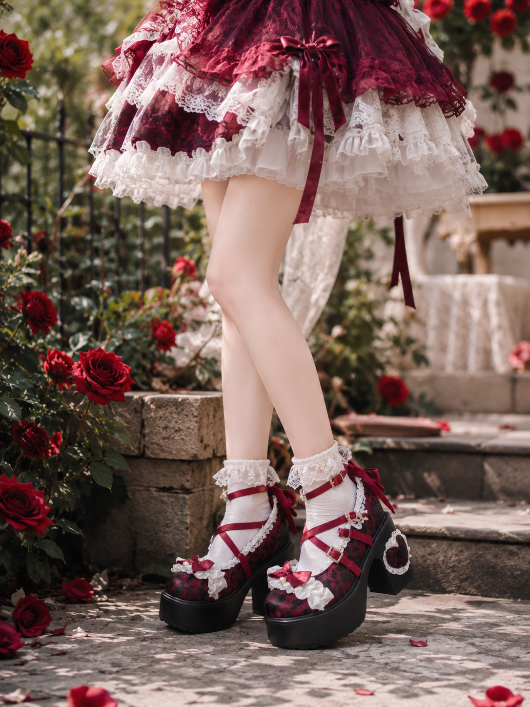 Red Lace Princess 9cm Chunky Heel Lolita Shoes - close-up detail view for Classic / Hime Lolita coords