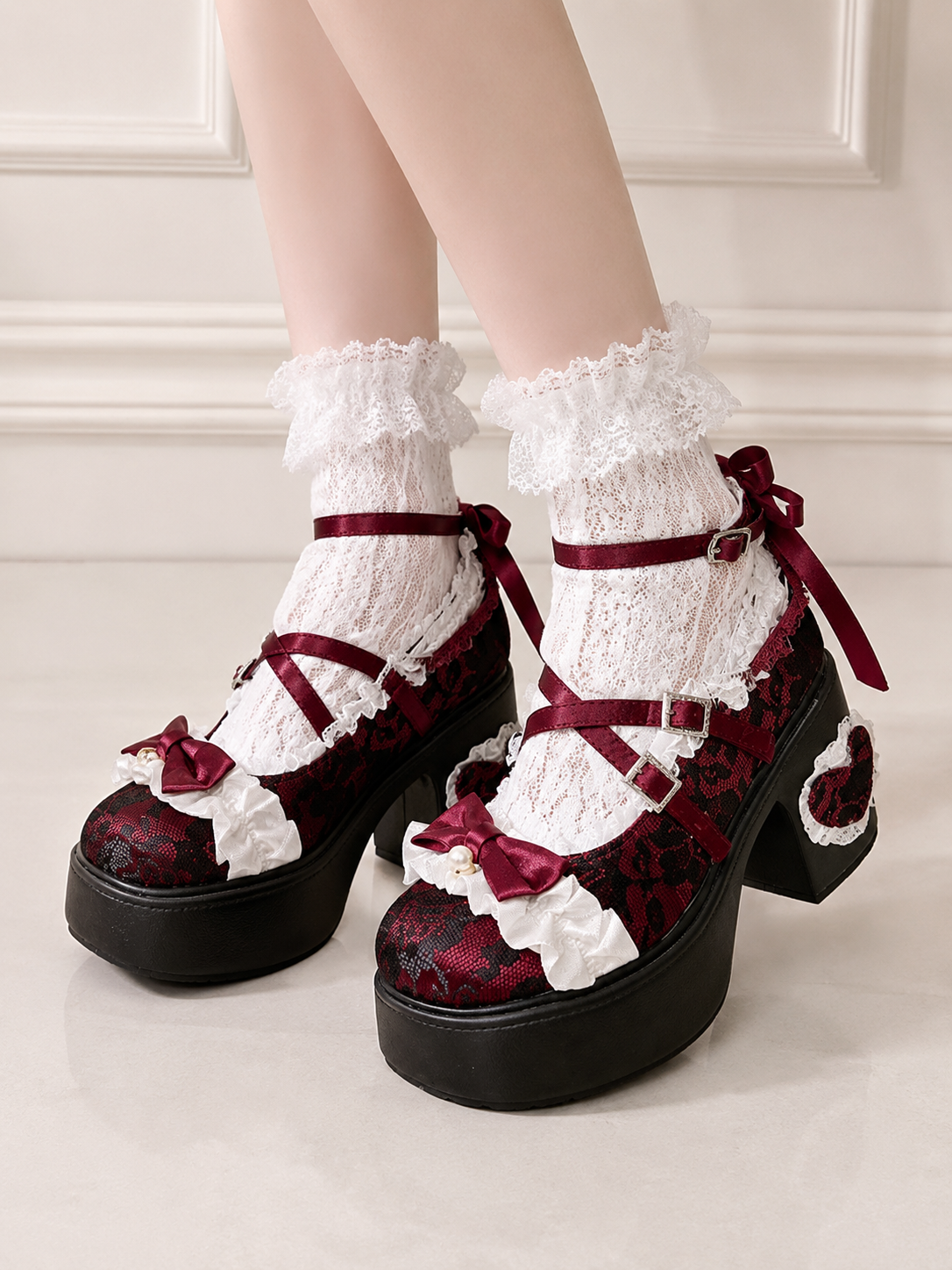 Red Lace Princess 9cm Chunky Heel Lolita Shoes - back or strap detail view for Classic / Hime Lolita coords